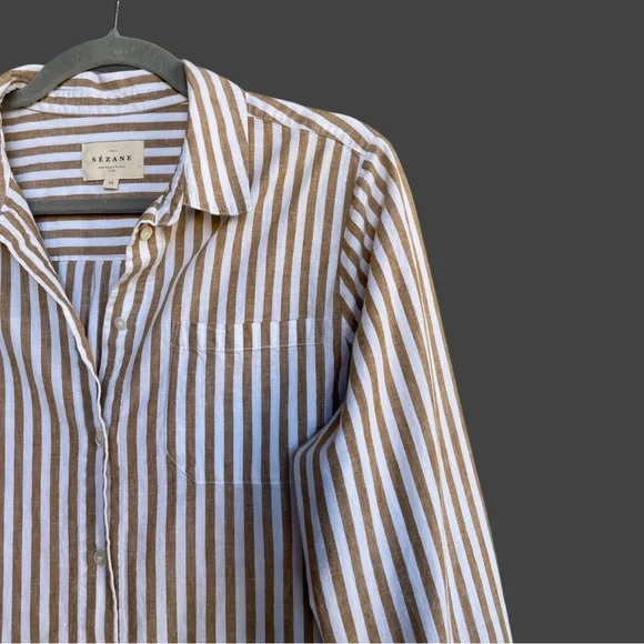 SEZANE Camel Tan & White Ecru Linen Cotton Striped Button Down Tomboy Shirt - Picture 3 of 17